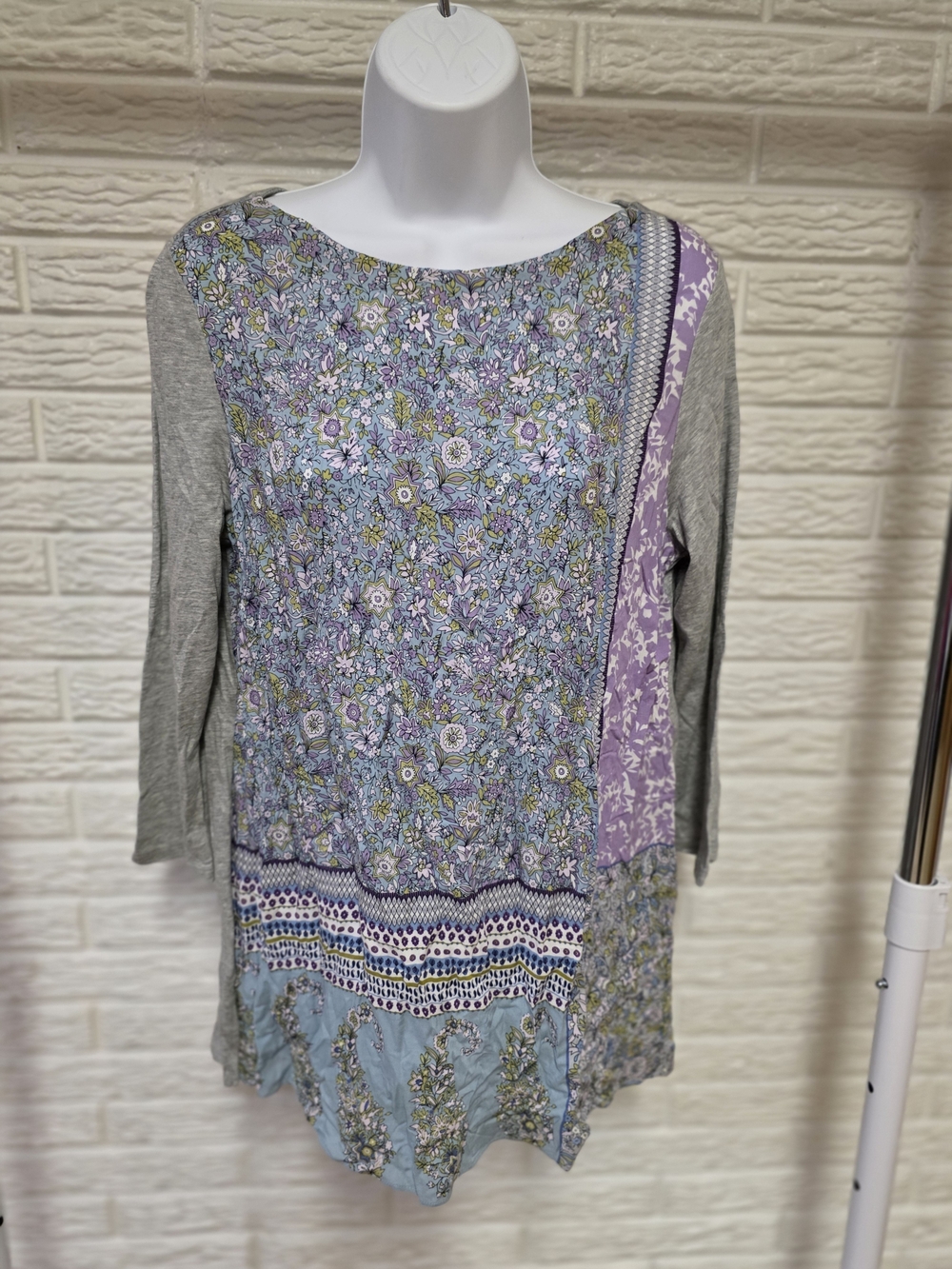 J. Jill Mixed-Print Long-Sleeve Tunic Dress in Lavender, Light Blue & Gray